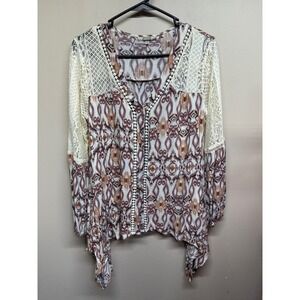 Gimmicks BKE Medallion Printed Button Down Tunic XSmall Crotchet Lace LongSleeve